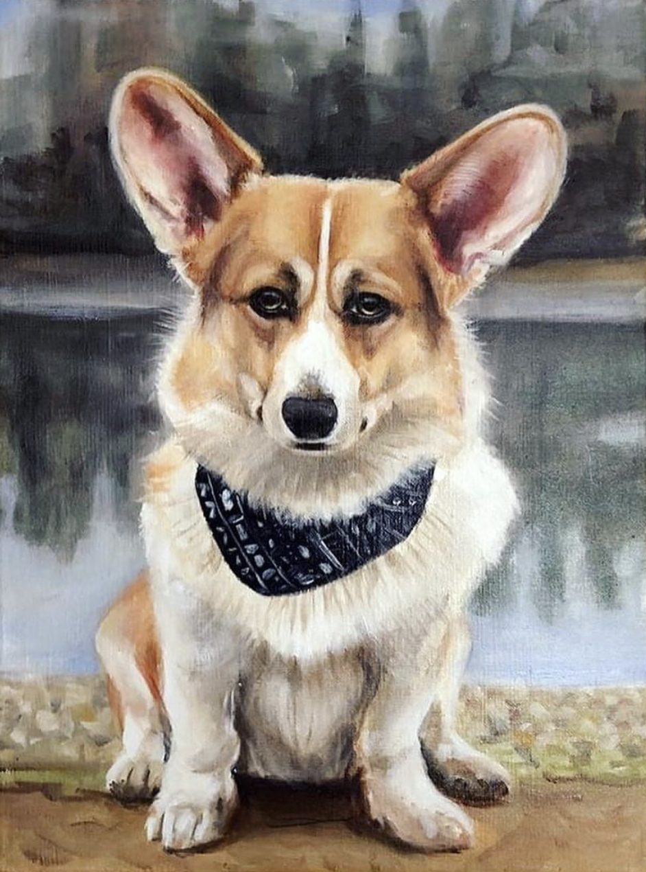 Corgi am Wasser, Ölgemälde